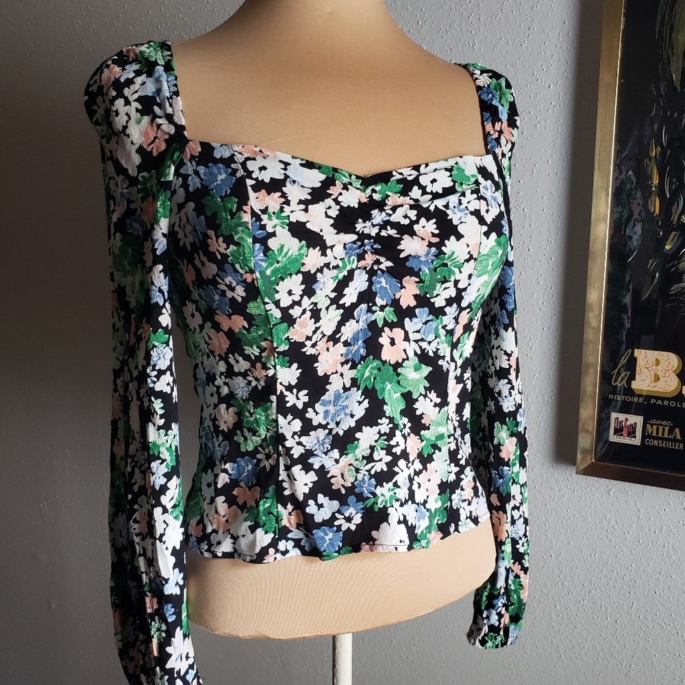 H&M Black Floral Square Neck Blouse